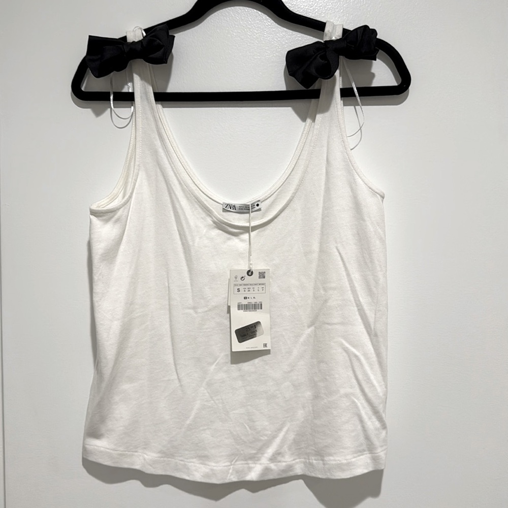 Zara White Oversized Tank with Black Bows